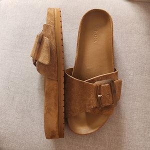 Vince Camel Suede Slide Sandals with Buckle
